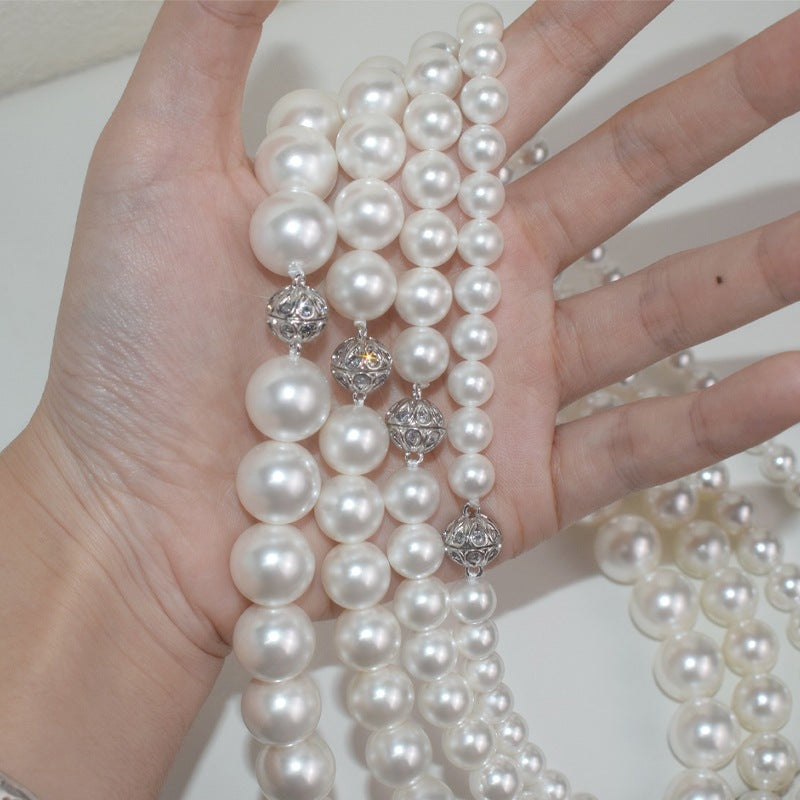 Portable magnetic buckle, fashionable and simple eight-star diamond pearl necklace, easy to wear, versatile mother shell neck chain8-12mm