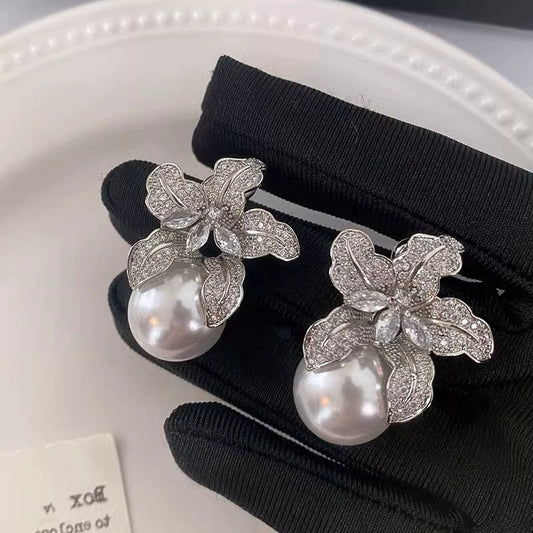 French Light Luxury Full Diamond Zircon Flower Pearl Earrings for Women | Retro Exquisite Design | High-End Earrings