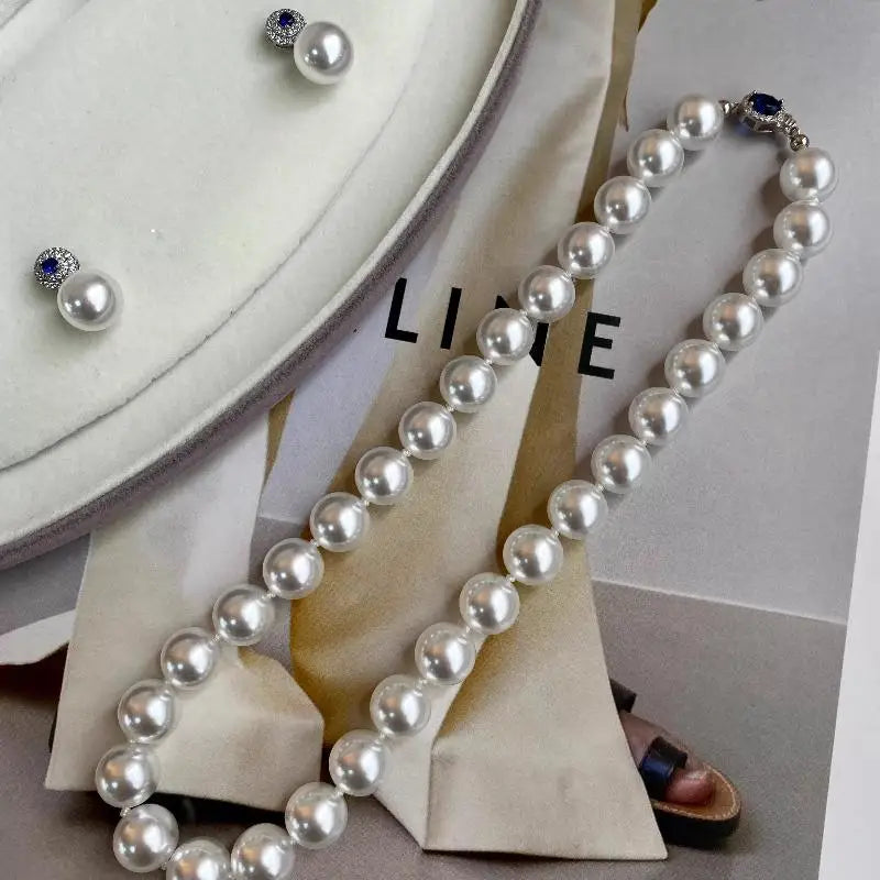 Blue Stone Button White Pearl Necklace set shell pearl mother of pearl Set Clavicle Necklace Birthday Gift mother gift earrings