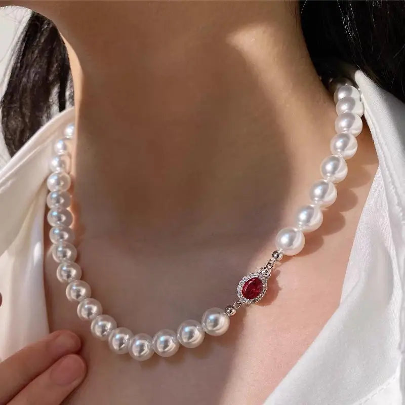 Elegant White Pearl Necklace for Women, Red Crystal Clasp Pearl Choker Necklace, Vintage Jewelry Gift