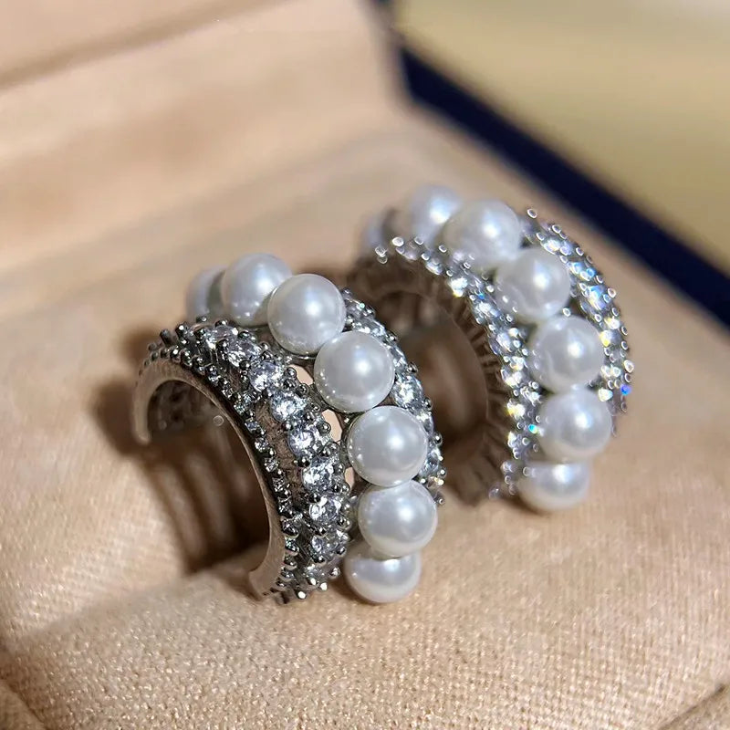 C type multi-layer full diamond stud earrings pendant fashion French mother shell pearl stud earrings women's shell pearl