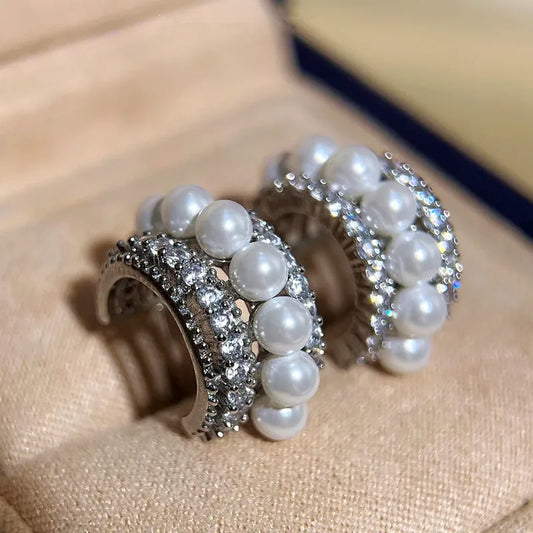 C type multi-layer full diamond stud earrings pendant fashion French mother shell pearl stud earrings women's shell pearl