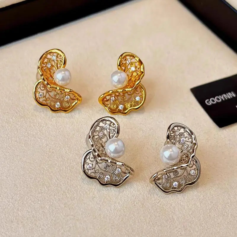 Elegant French Luxury Pearl Earrings Hollow Out Filigree Gold Silver Color Exquisite Female Wedding Party Fine Jewelry
