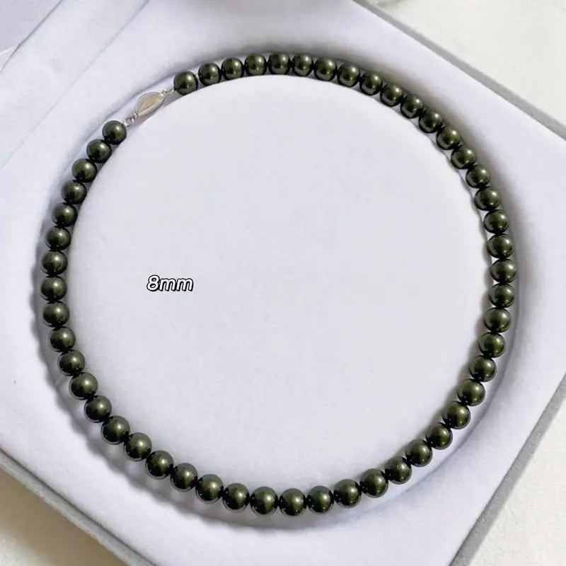 8mm-14mm dark green shell pearl necklace, women's high-end with strong luster, malachite green neck  mother of pearl