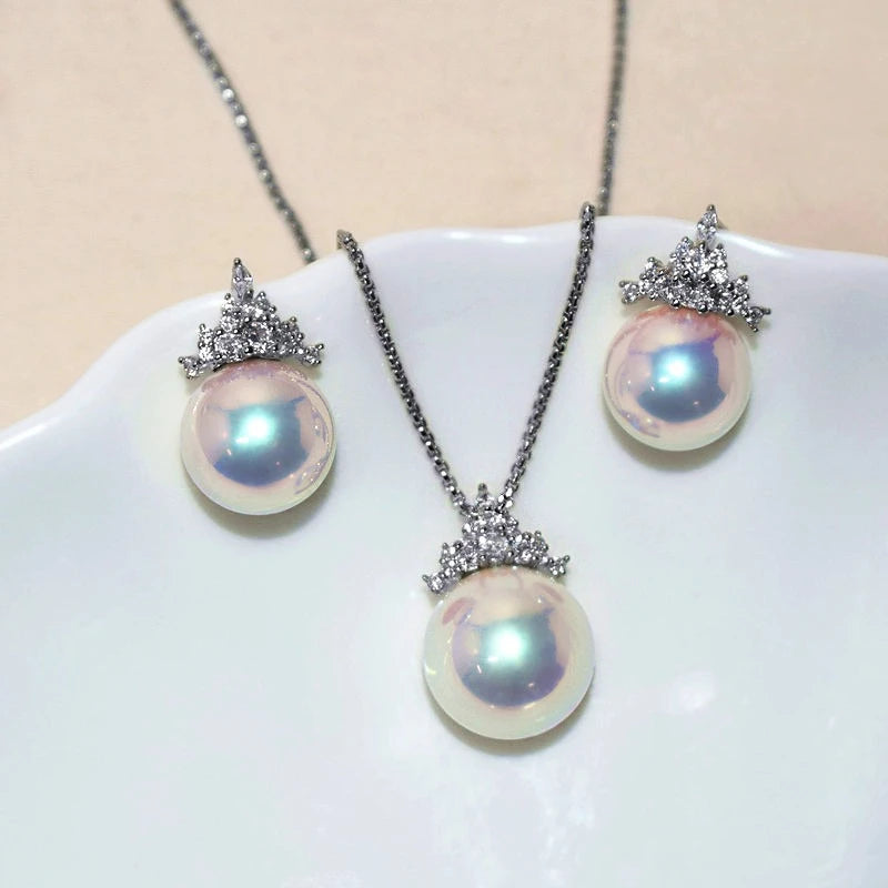 Ice Queen Aura Pearl Jewelry Set – Ice-Cream Color Pearls with Crown Zircon | Light Luxury Silver Plated