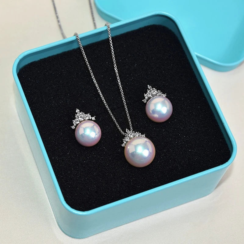 Ice Queen Aura Pearl Jewelry Set – Ice-Cream Color Pearls with Crown Zircon | Light Luxury Silver Plated