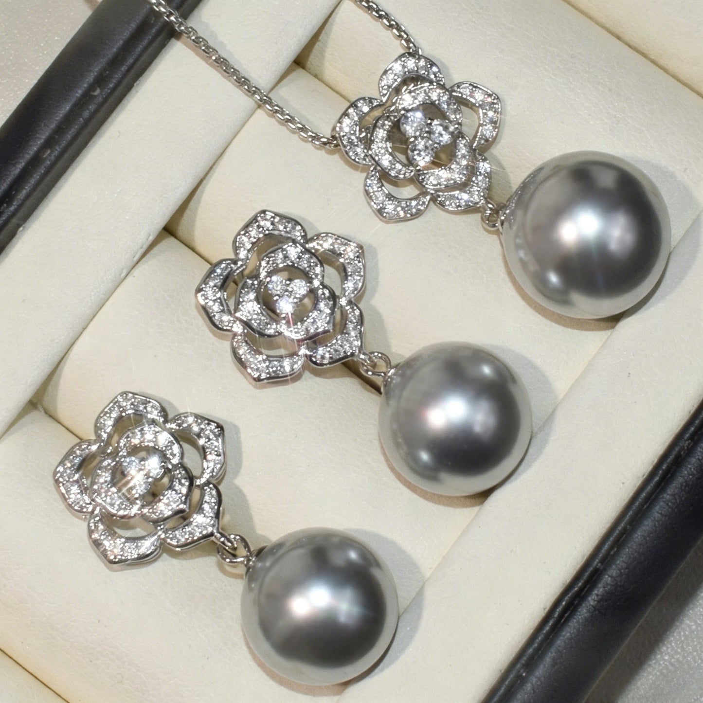 Luxury Camellia Pearl Jewelry Set – Sparkling CZ Flower Necklace & Earrings | Bridal & Daily Wear