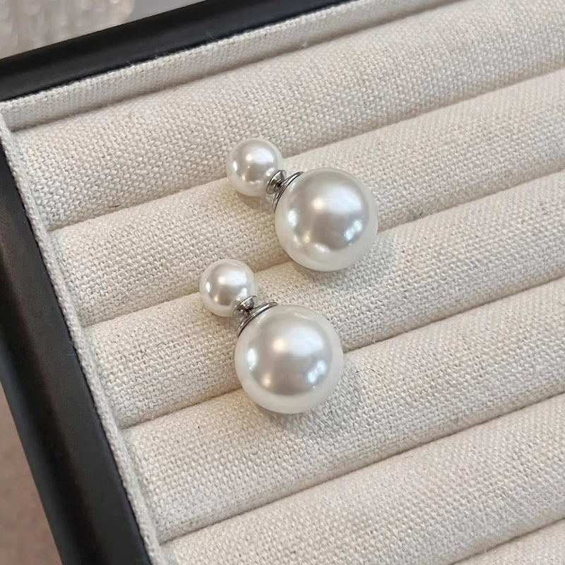 Double-sided pearl stud earrings, sterling silver women, Australian white temperament, two  shell pearl in front and rear