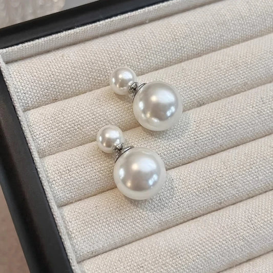 Double-sided pearl stud earrings, sterling silver women, Australian white temperament, two  shell pearl in front and rear