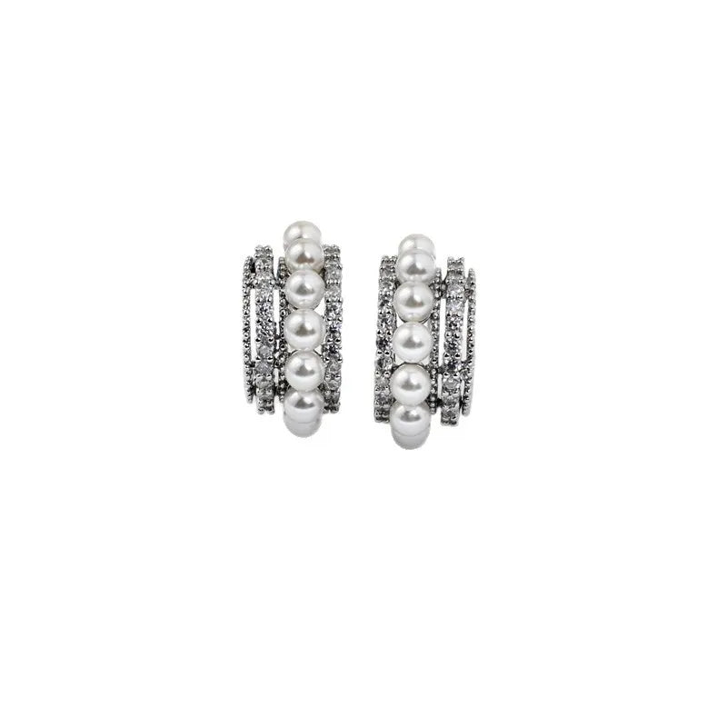 C type multi-layer full diamond stud earrings pendant fashion French mother shell pearl stud earrings women's shell pearl