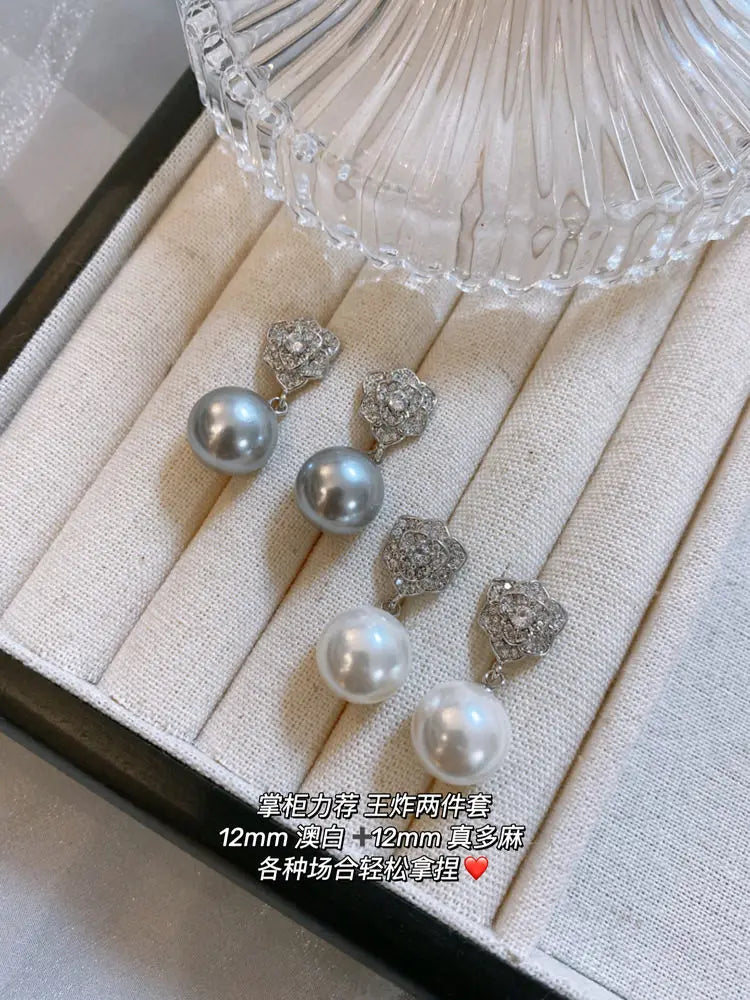12mmCamellia white pearl stud earrings femininity, French retro diamond-set premium earrings