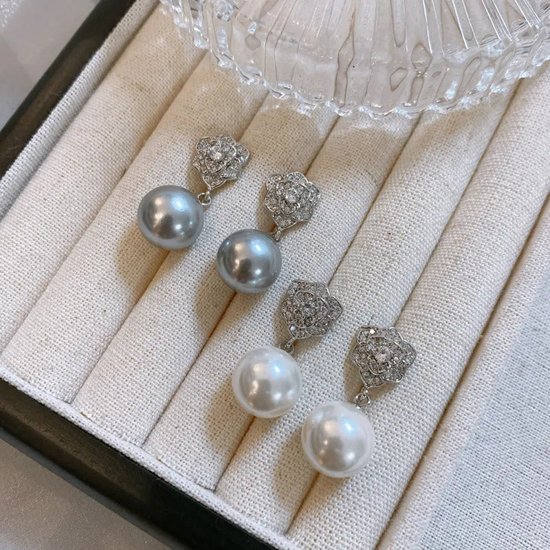 12mmCamellia white pearl stud earrings femininity, French retro diamond-set premium earrings