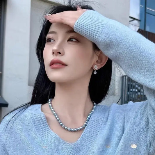 8Mm 10mm  blue rose pearl necklace, female 925 silver candy, buckle old money collarbone chain, birthday gift, Mother's  jewelry
