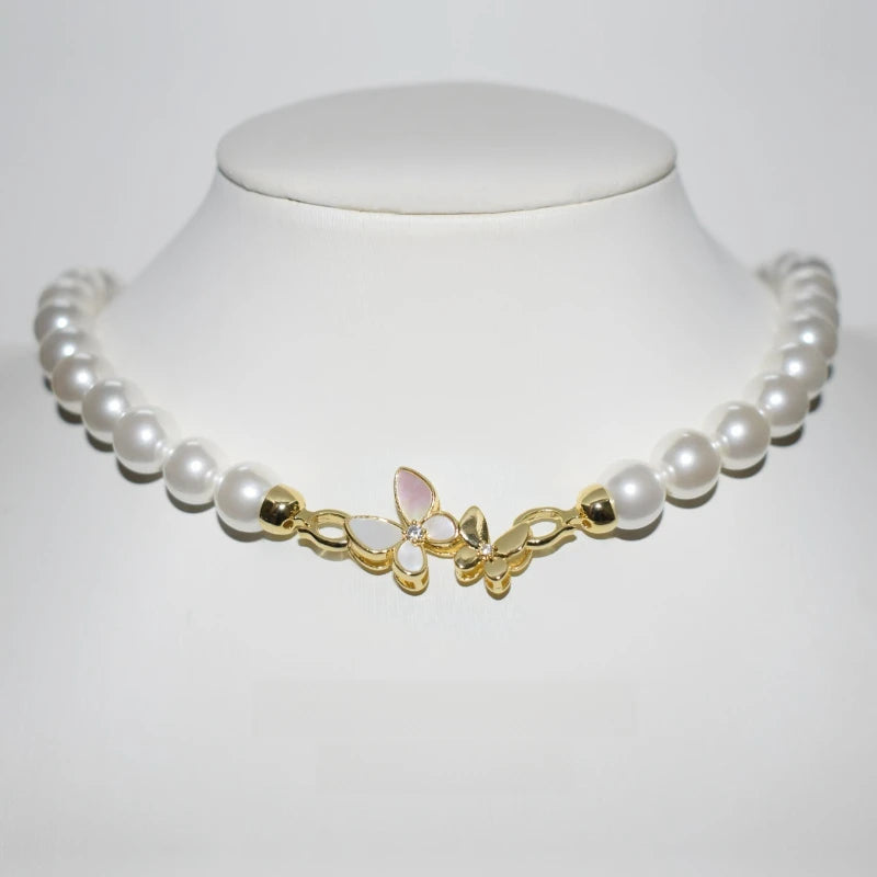 Butterfly Floral Clasp Pearl Necklace Women Gold Shell Pearl Choker Elegant Jewelry Gift