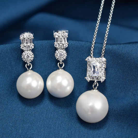 Diana Inspired Pearl Jewelry Set – Square Zircon Inlaid Earrings & Pendant Necklace | Luxury Daily Wear