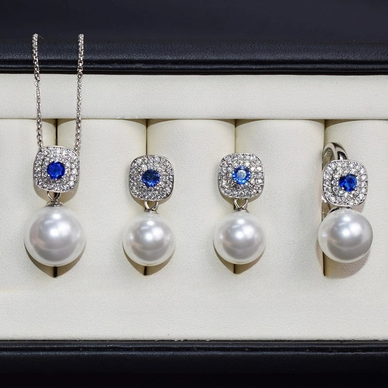 Shell Pearl & Cubic Zirconia Sapphire Jewelry Set - TikTok Viral Bridal & Party Accessories