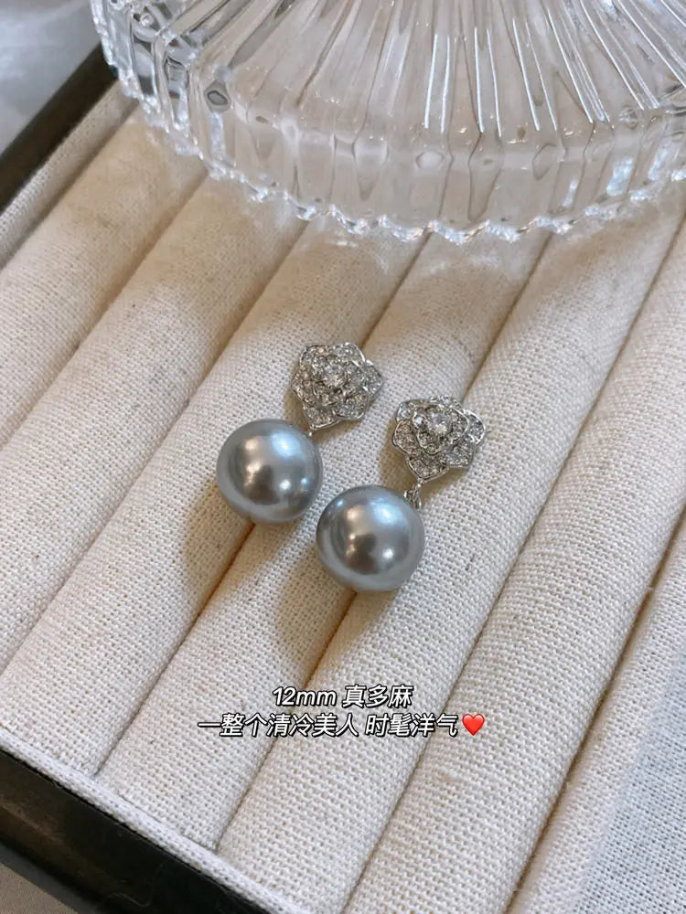 12mmCamellia white pearl stud earrings femininity, French retro diamond-set premium earrings