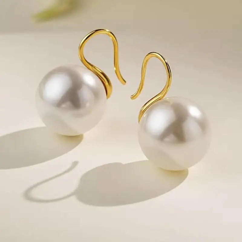 French Style highheel  white Pearl Drop Earrings, 14mm 16mm Gold Hook, Elegant Luxury Jewelry for Women