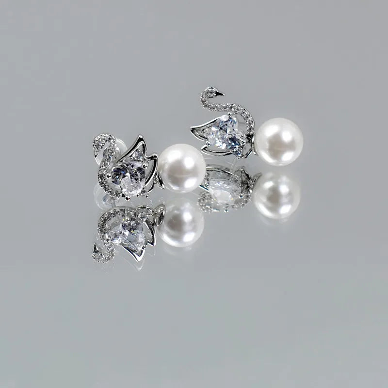 Elegant Swan Shell Pearl Drop Earrings for Women | Zircon Crystal Stud Earrings  Jewelry