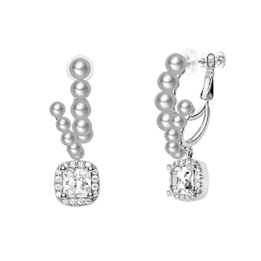 Elegant Curved Shell Pearl Clip-On Earrings with Sparkling Square Zircon – Timeless Silver-Tone Jewelry