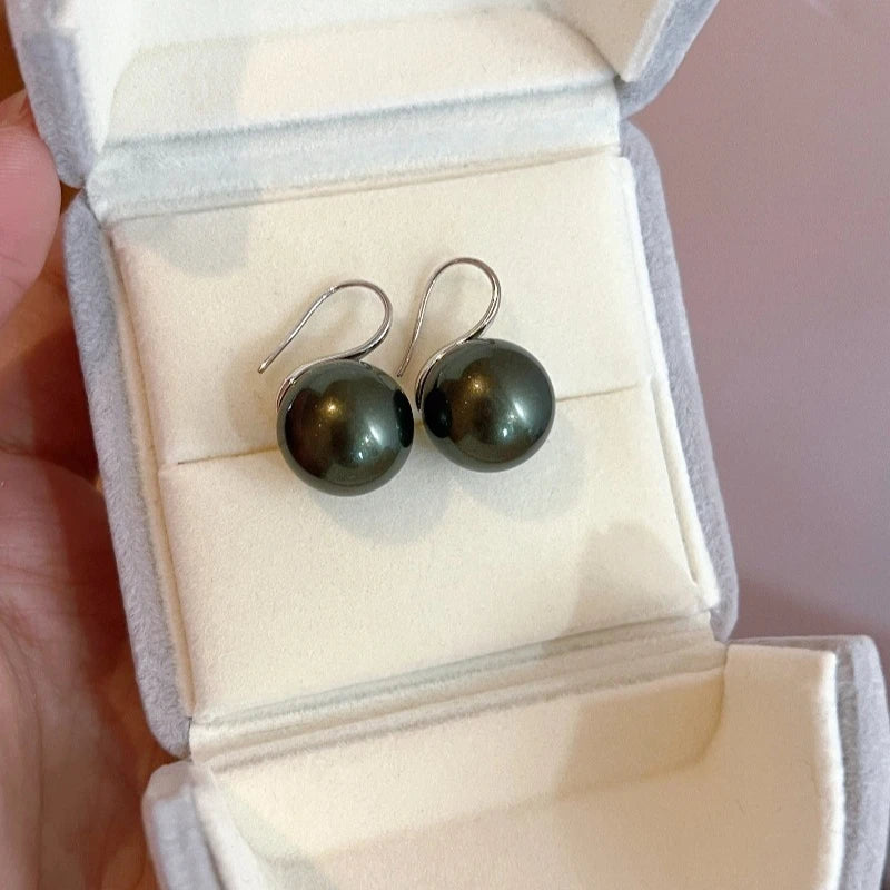 14mm dark green peacock pearl stud earrings exquisite diamond 12mm retro earrings high heels square round face super ear hook