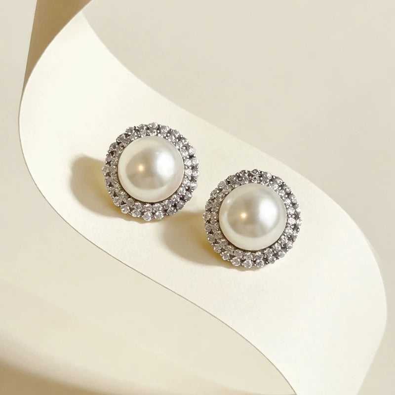 Diamond Halo Pearl Stud Earrings – Elegant Luxe Daily Wear | Classic Pearl Jewelry