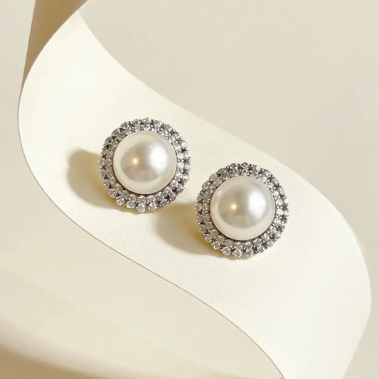 Diamond Halo Pearl Stud Earrings – Elegant Luxe Daily Wear | Classic Pearl Jewelry