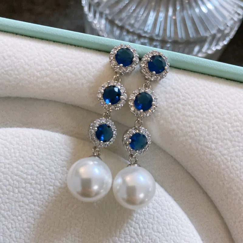 Luxury Blue Crystal Pearl Drop Earrings for Women - Elegant  Long Dangle Earrings - High-End Wedding Party Jewelry Gift