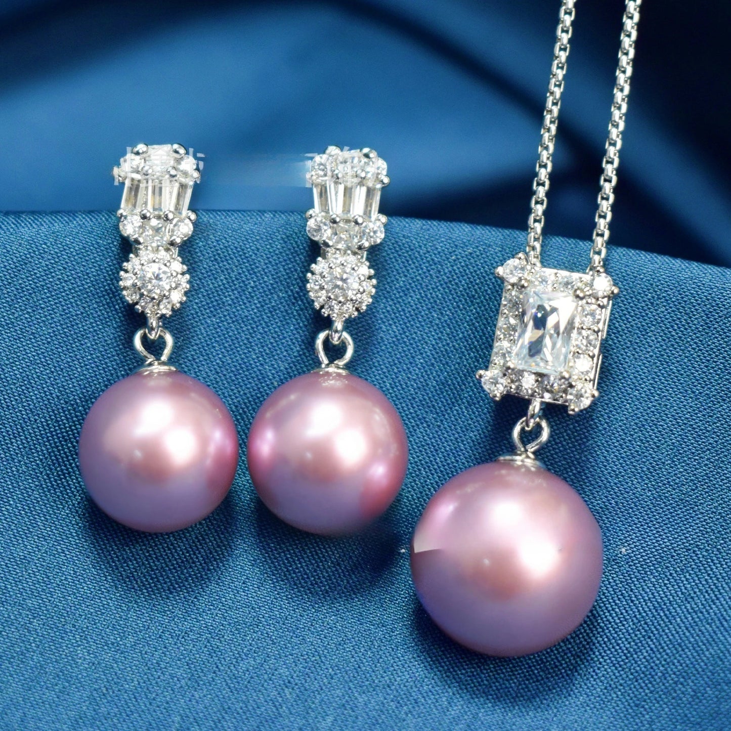 Diana Inspired Pearl Jewelry Set – Square Zircon Inlaid Earrings & Pendant Necklace | Luxury Daily Wear