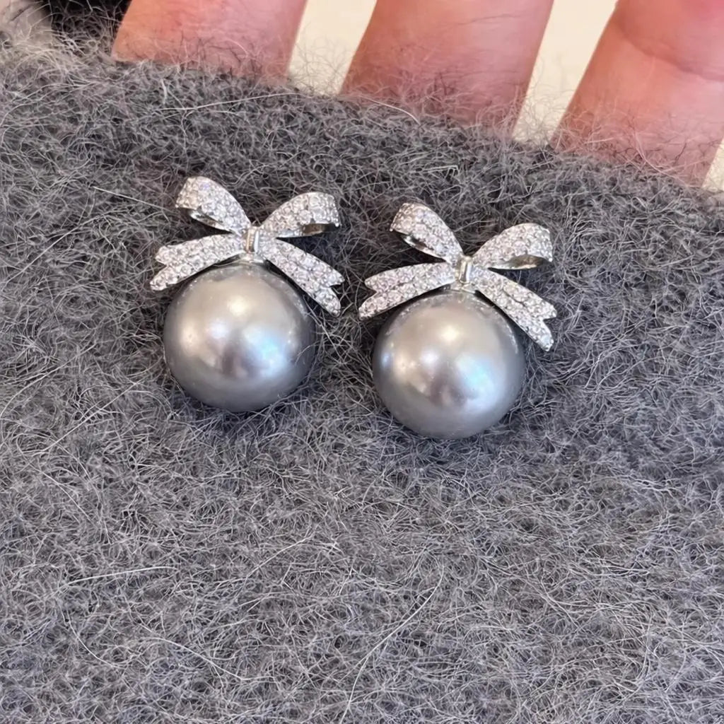 Cute Bow White Pearl Stud Earrings for Women 12mm 14mm, Butterfly Knot Pearl Earrings, Elegant Fashion Jewelry, Birthday Gift