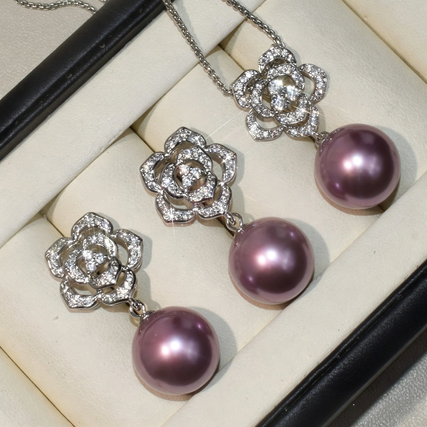 Luxury Camellia Pearl Jewelry Set – Sparkling CZ Flower Necklace & Earrings | Bridal & Daily Wear