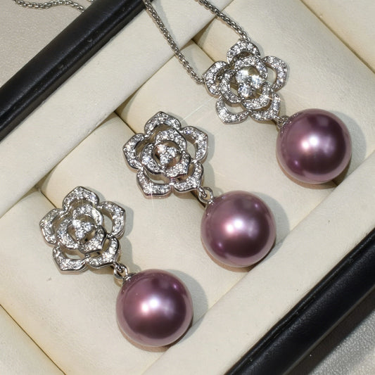 Luxury Camellia Pearl Jewelry Set – Sparkling CZ Flower Necklace & Earrings | Bridal & Daily Wear