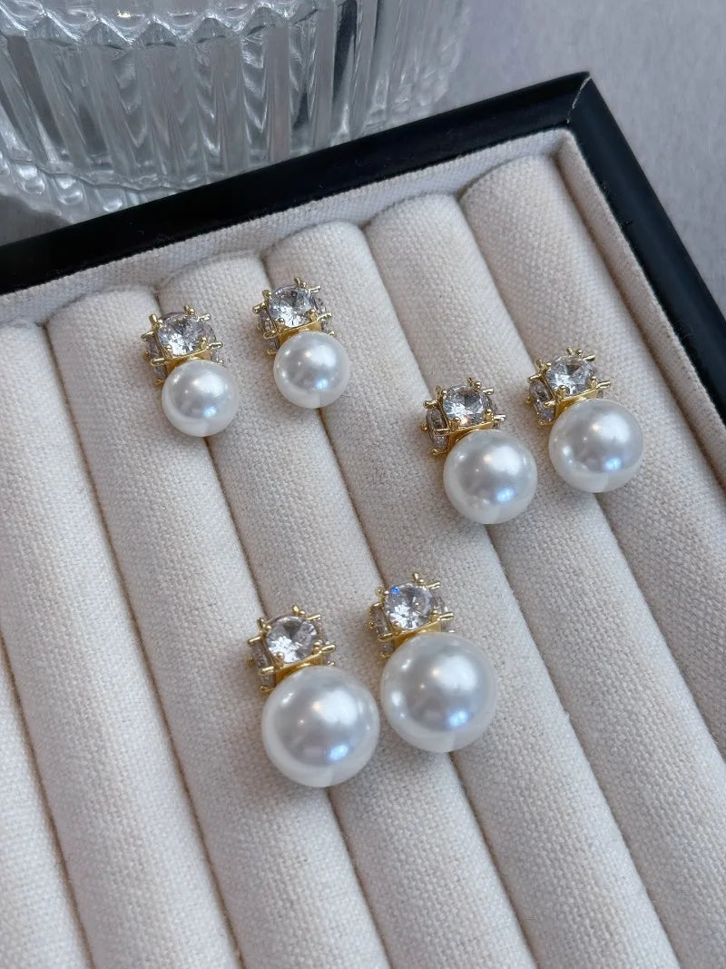 Four-sided diamond Australian white pearl stud earrings Princess Diana, women's light luxury niche high-end earrings design  she