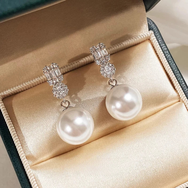 French Style 14mm Shell Pearl Earrings Luxury Zircon Princess Stud Earrings Elegant Fashion Jewelry for Women
