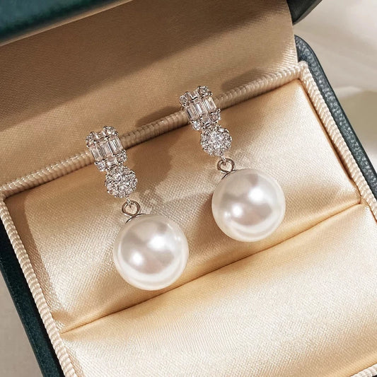 French Style 14mm Shell Pearl Earrings Luxury Zircon Princess Stud Earrings Elegant Fashion Jewelry for Women