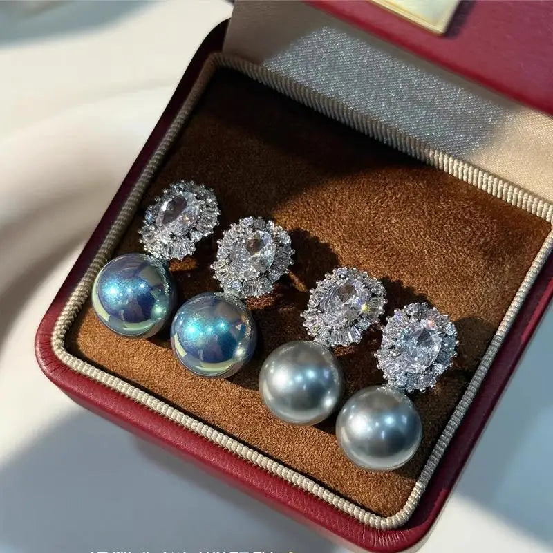 Classic Princess Diana Style 12mm Pearl Stud Earrings for Women Sparkling Zircon Crystal Surround Luxury Earrings Wedding  Gift