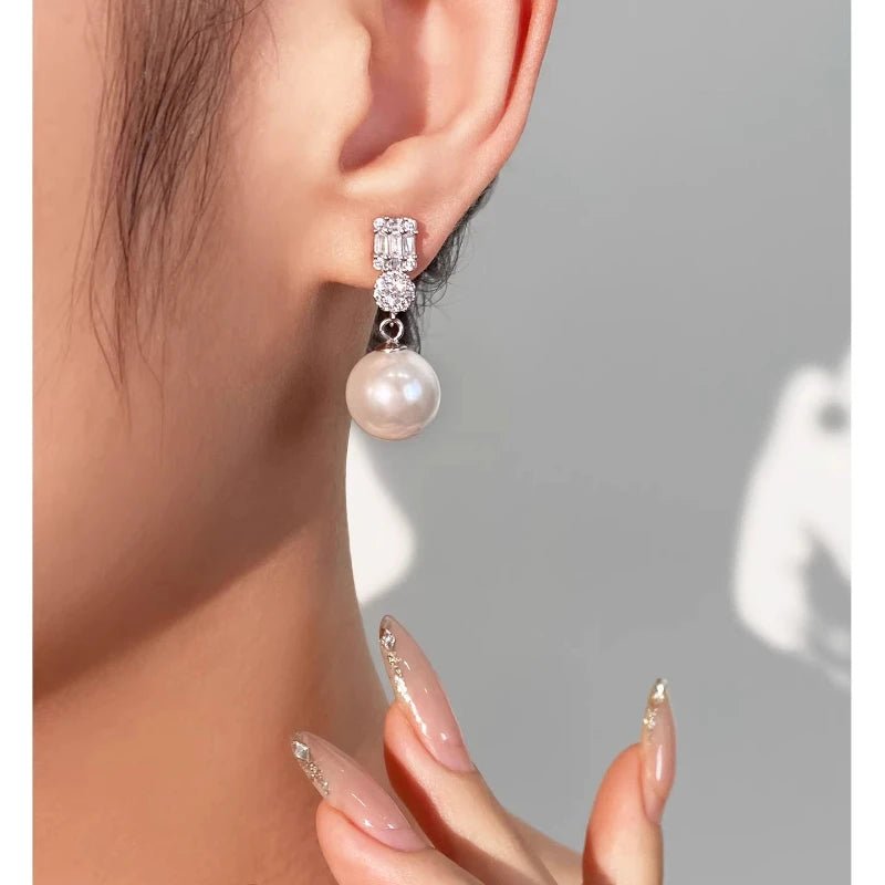 French Style 14mm Shell Pearl Earrings Luxury Zircon Princess Stud Earrings Elegant Fashion Jewelry for Women