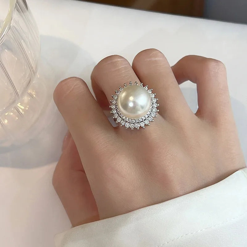 14Mm white pearl ring, large women's 2026 new popular niche design, light luxury, advanced sense, adjustable cold  shell pearl
