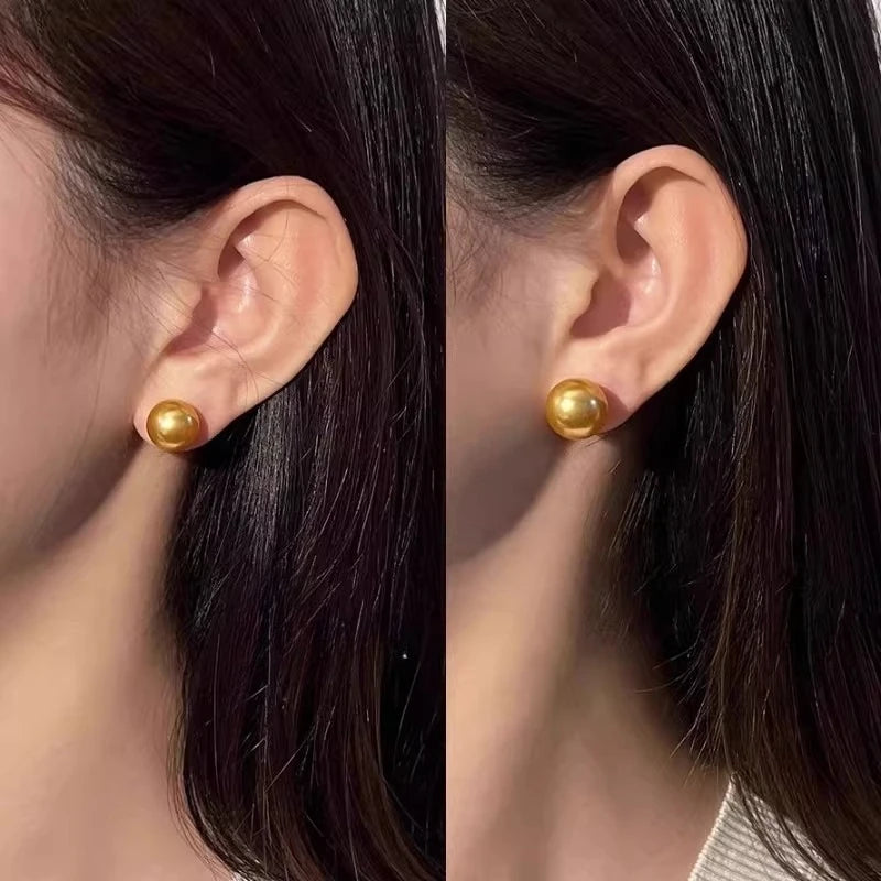 Golden Round Pearl Stud Earrings – Classic Shell Bead Jewelry, French Elegant Style