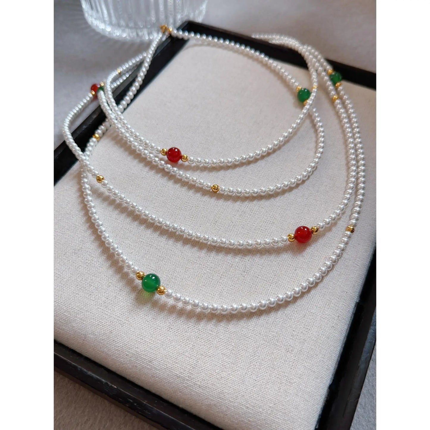 Green chalcedony and white pearl mixed necklace, long women's sweater chain,  can be layered, 2-layer or 3-layeshell