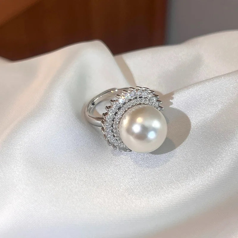 14Mm white pearl ring, large women's 2026 new popular niche design, light luxury, advanced sense, adjustable cold  shell pearl