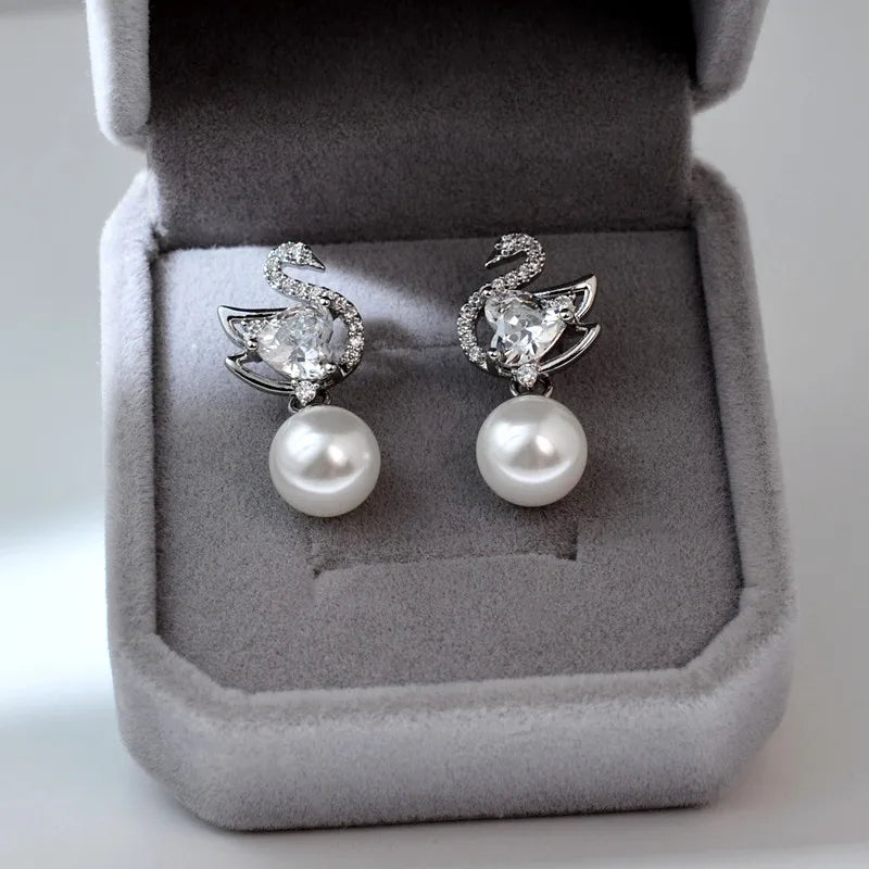 Elegant Swan Shell Pearl Drop Earrings for Women | Zircon Crystal Stud Earrings  Jewelry