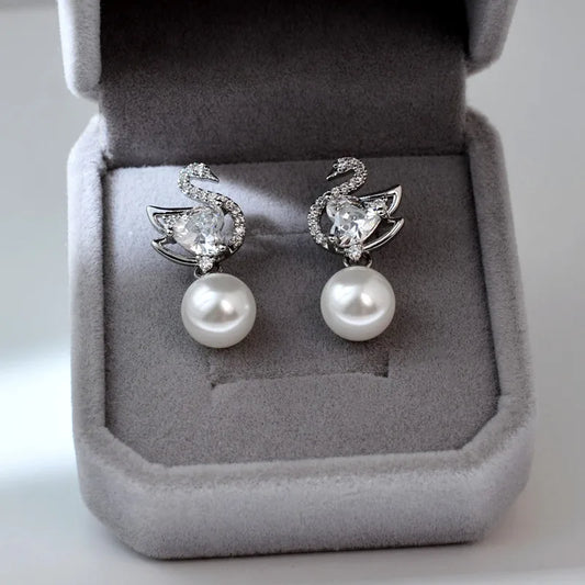 Elegant Swan Shell Pearl Drop Earrings for Women | Zircon Crystal Stud Earrings  Jewelry