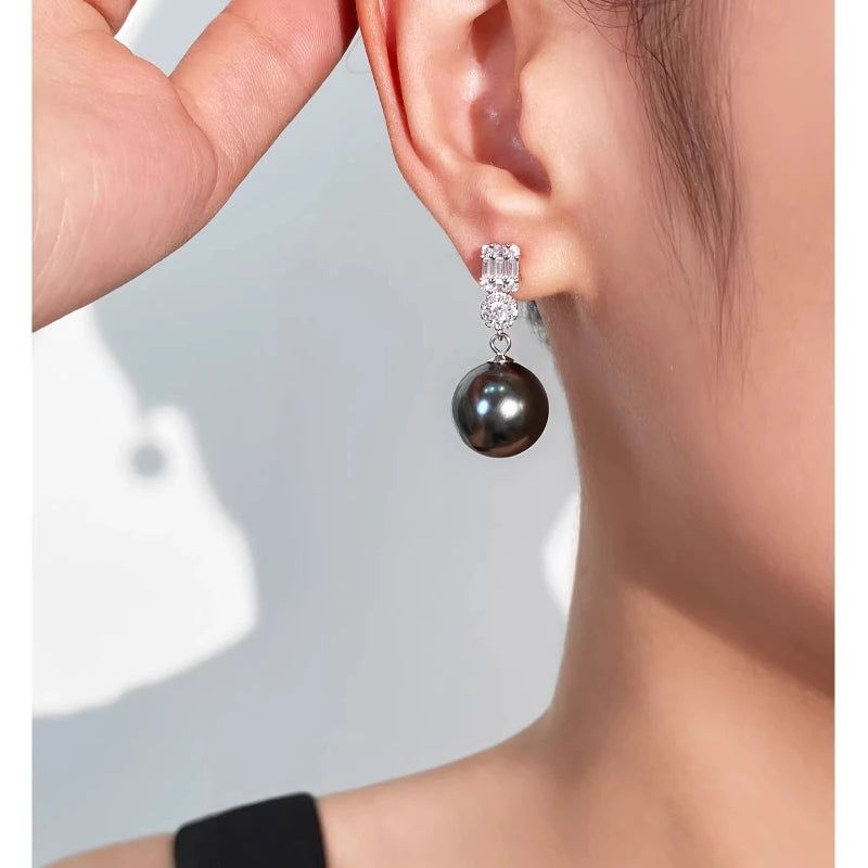 French Style 14mm Shell Pearl Earrings Luxury Zircon Princess Stud Earrings Elegant Fashion Jewelry for Women