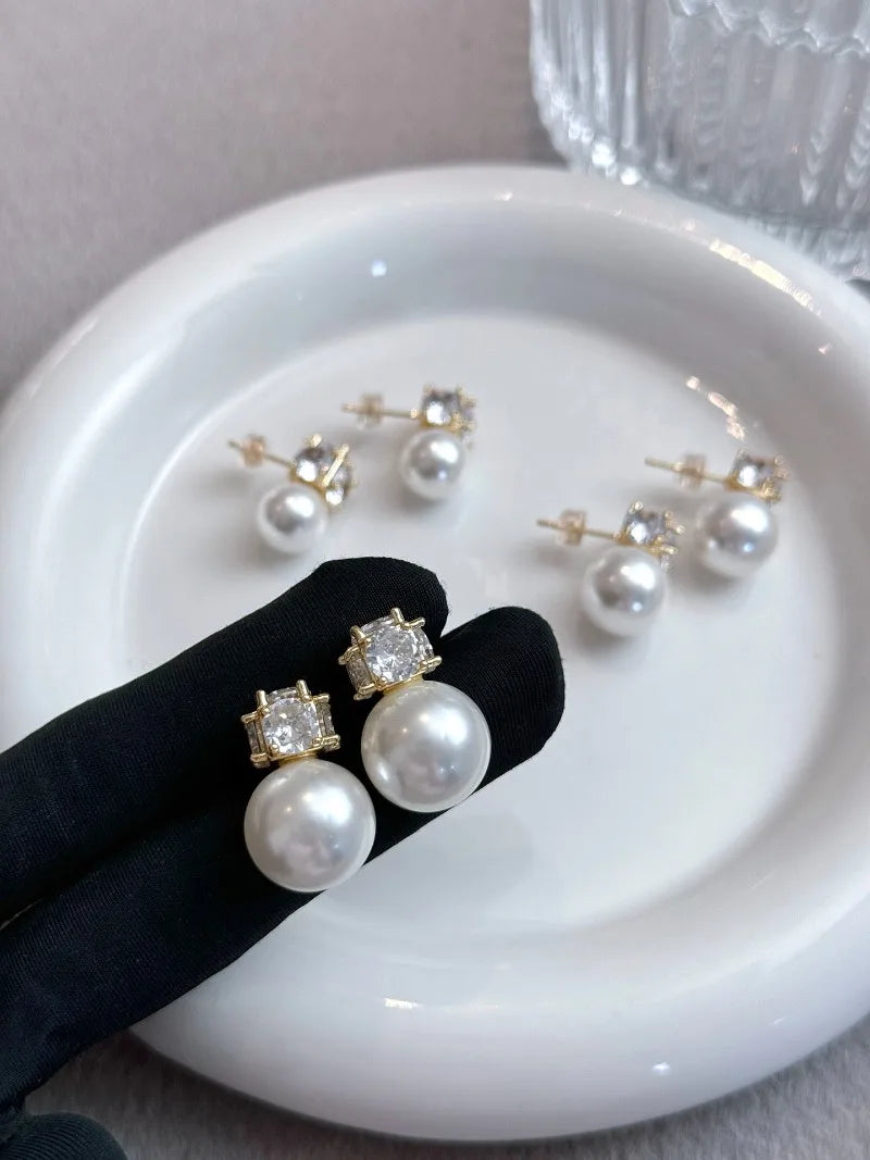 Four-sided diamond Australian white pearl stud earrings Princess Diana, women's light luxury niche high-end earrings design  she