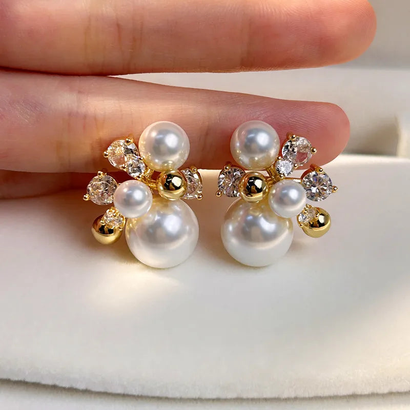 Cluster Shell Pearl Earrings – Luxe Gold-Tone & Sparkly Zircon | Go-To Accessory for Every Outfit