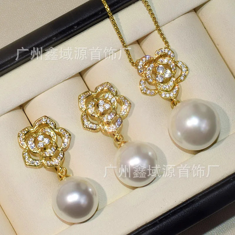Luxury Camellia Pearl Jewelry Set – Sparkling CZ Flower Necklace & Earrings | Bridal & Daily Wear