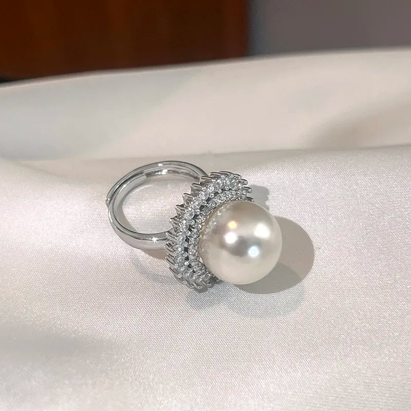14Mm white pearl ring, large women's 2026 new popular niche design, light luxury, advanced sense, adjustable cold  shell pearl