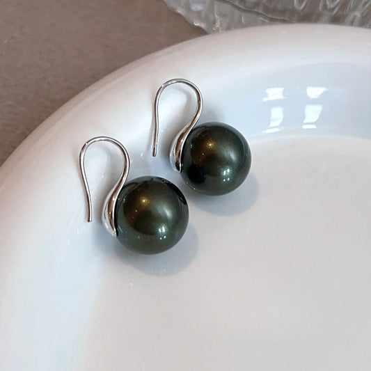14mm dark green peacock pearl stud earrings exquisite diamond 12mm retro earrings high heels square round face super ear hook