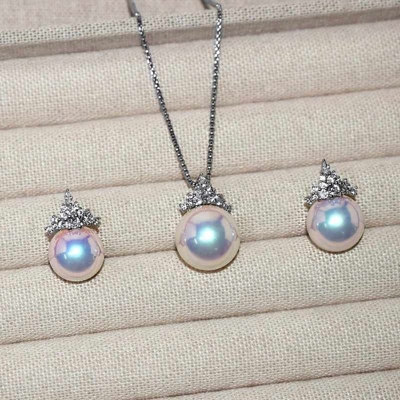 Ice Queen Aura Pearl Jewelry Set – Ice-Cream Color Pearls with Crown Zircon | Light Luxury Silver Plated